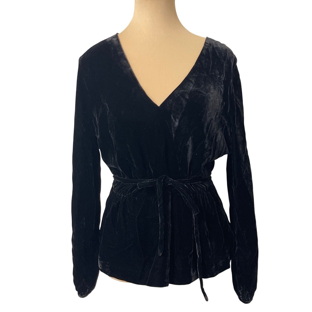 J. Crew Black Velvet‎ Wrap Belted Long Sleeve Peplum Top Gothic Casual Fairy 12
